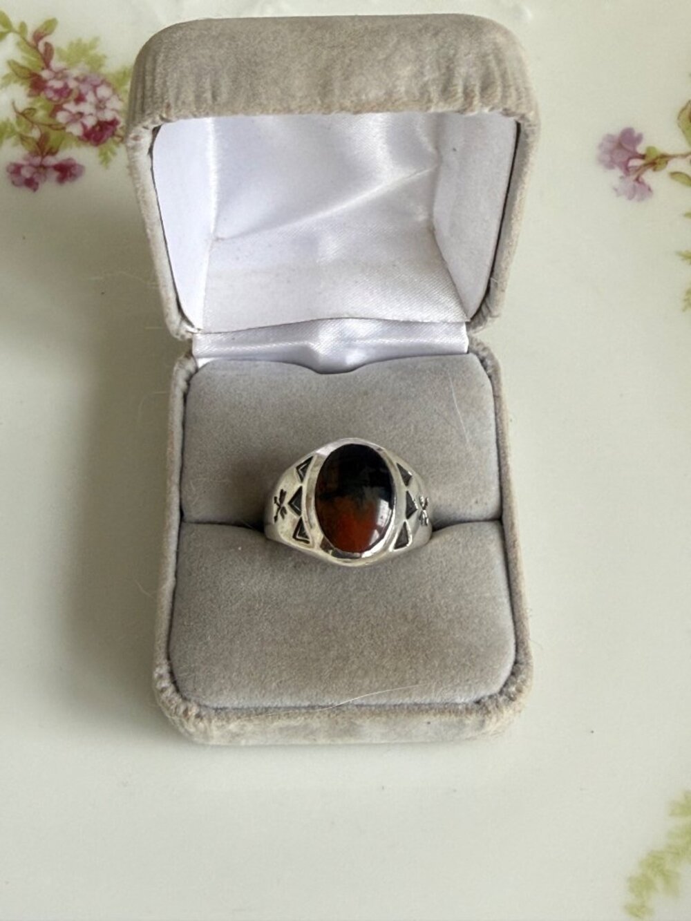 Vintage 70's Bell Trading Post Sterling Silver Petrified Wood Agate Ring Sz 10.7